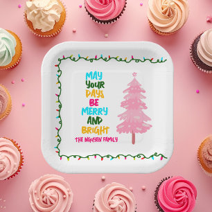 Assiettes En Carton Fête de l'arbre de Noël rose lumineux et coloré