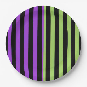 Assiettes En Carton Fête de l'Halloween en rayures vert violet et noir