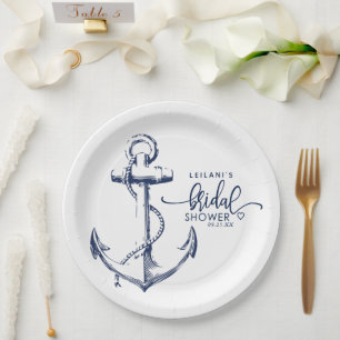 Assiettes En Carton Fête de l'mariée de Ancre marine blanche
