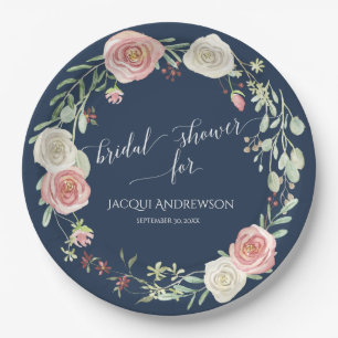 Assiettes En Carton Fête de l'mariée Navy Blush Ivory Roses Wreath