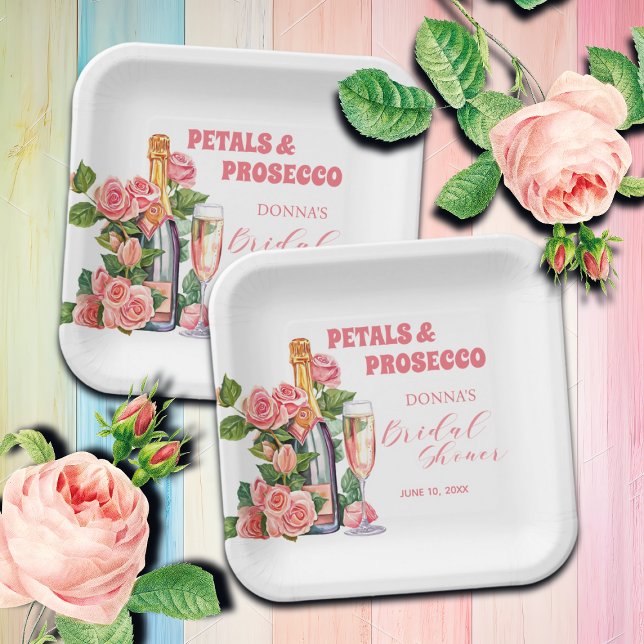 Assiettes En Carton Fête de mariage avec bouteille de Prosecco et rose (Créateur téléchargé)