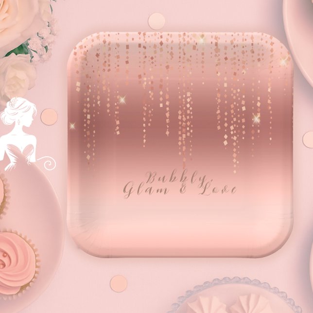 Assiettes En Carton Fête de mariage avec confettis rose gold (Elegant rose gold confetti bridal shower plate for a bubbly, glam, and love-filled celebration.)