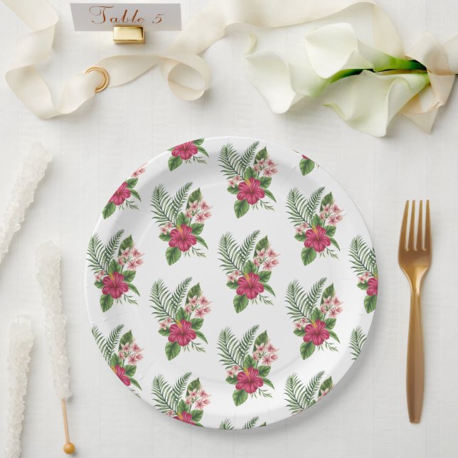 Assiettes En Carton Fête de mariage avec des fleurs tropicales roses (Mariage)