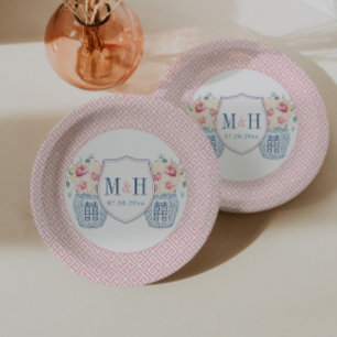 Assiettes En Carton Fête de mariage avec monogramme de roses roses jol