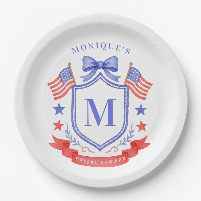 Assiettes En Carton Fête de mariage avec monogramme rouge blanc & je d (Devant)