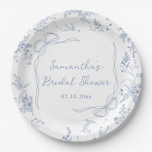 Assiettes En Carton Fête de mariage avec noeud bleu floral (Devant)