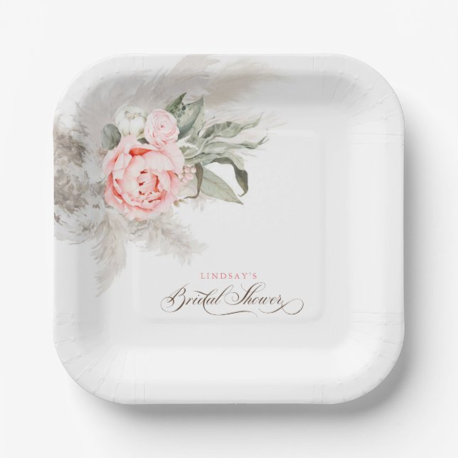 Assiettes En Carton Fête de mariage bohème avec des fleurs roses et de (Recto)