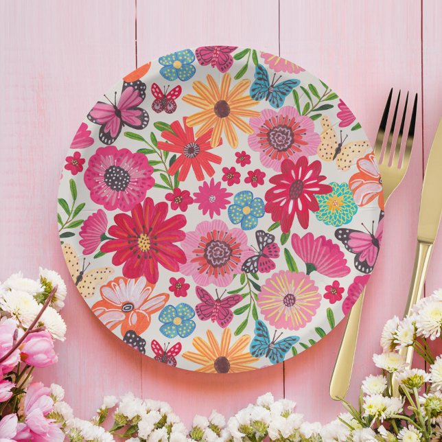 Assiettes En Carton Fête de mariage champêtre avec motif de fleurs sau (Bright Wildflower Pattern Bridal Shower Paper Plates)