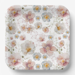 Assiettes En Carton Fête de mariage champêtre rose et bleu aquarelle
