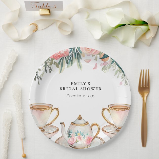 Assiettes En Carton Fête de Mariage Élégante Florale avec Thé (Mariage)