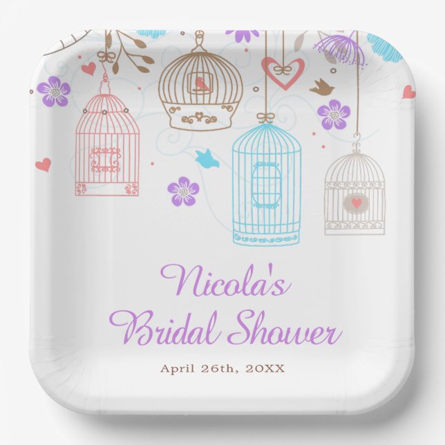 Assiettes En Carton Fête de mariage élégante florale violette et bleue (Recto)