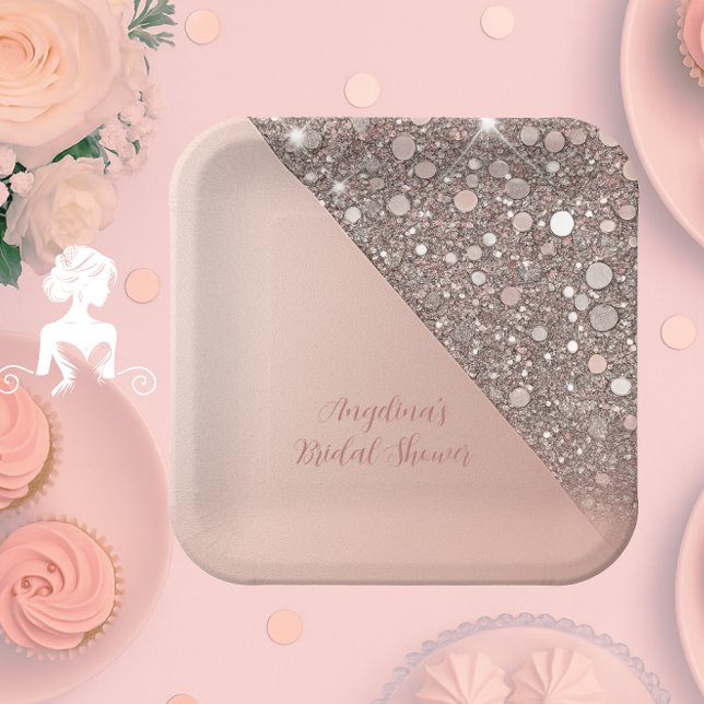 Assiettes En Carton Fête de mariage élégante rose doré (Elegant rose gold bridal shower plate styled for dessert tables, sweet stations, and party displays.)