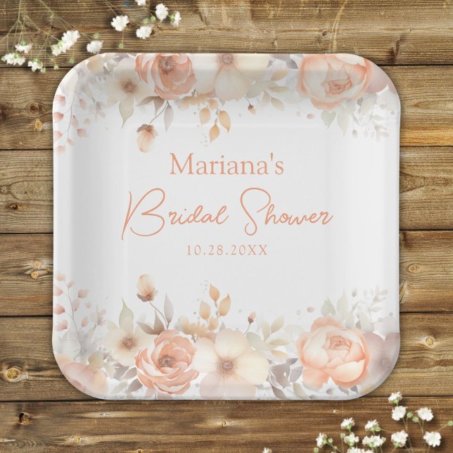 Assiettes En Carton Fête de mariage floral beige pêche (Créateur téléchargé)