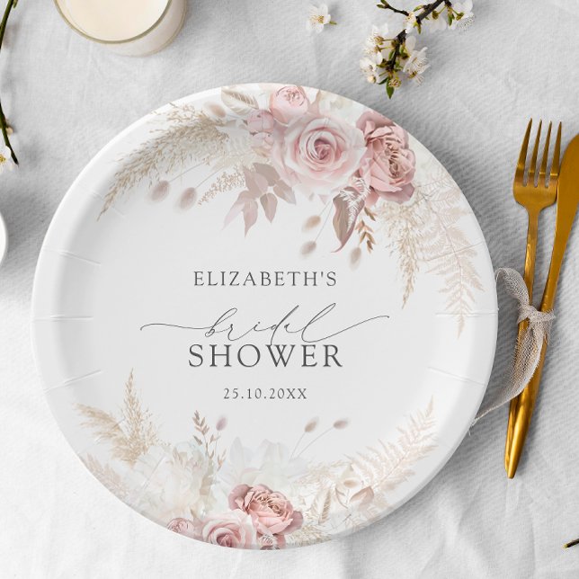 Assiettes En Carton Fête de mariage floral de roses roses blush (Créateur téléchargé)