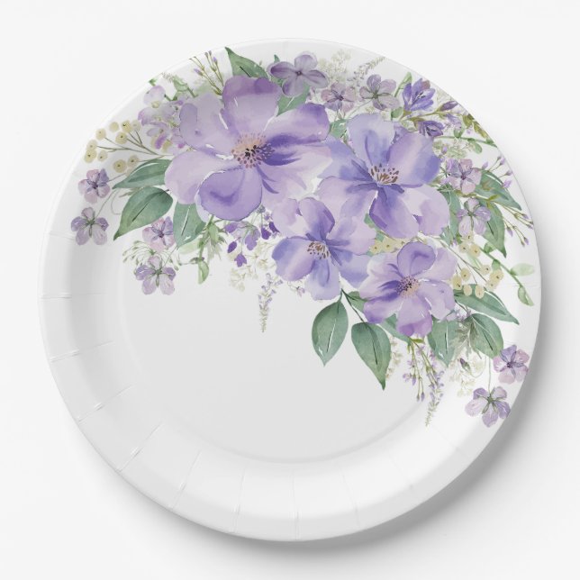 Assiettes En Carton Fête de mariage floral élégant violet (Devant)