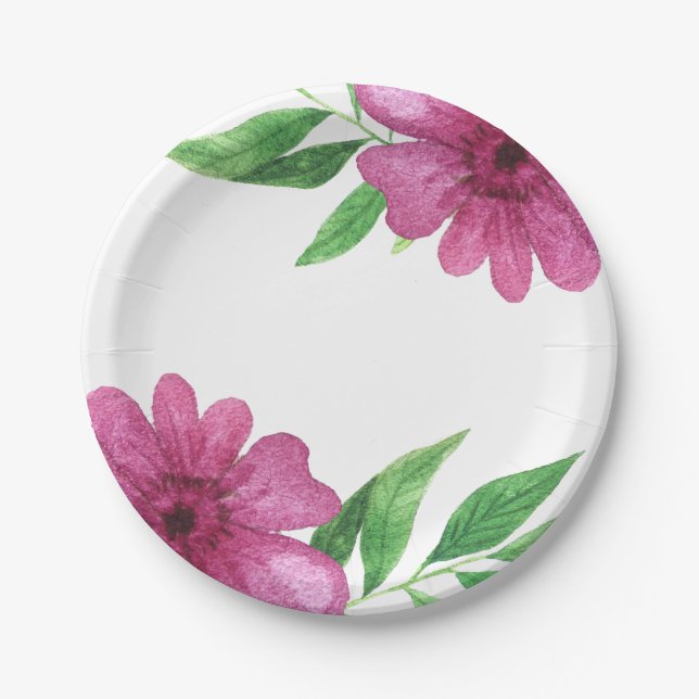 Assiettes En Carton Fête de mariage floral fleurs aquarelle rose print (Devant)