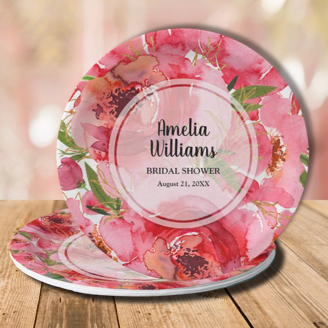 Assiettes En Carton Fête de mariage floral rose aquarelle (Personalized watercolor pink floral bridal shower paper plates)