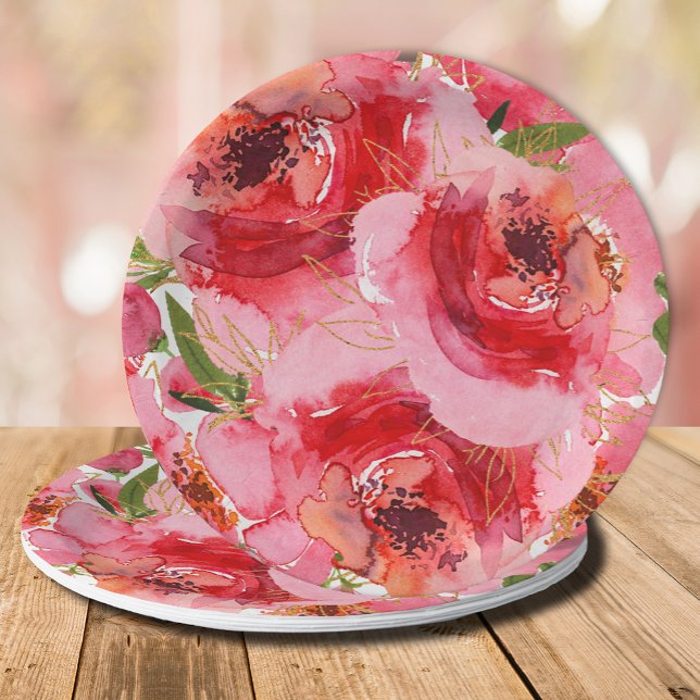 Assiettes En Carton Fête de mariage floral rose or aquarelle (Watercolor pink peony flowers and leaves bridal shower paper plates)