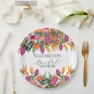 Assiettes En Carton Fête de mariage floral tropical rose orange coloré
