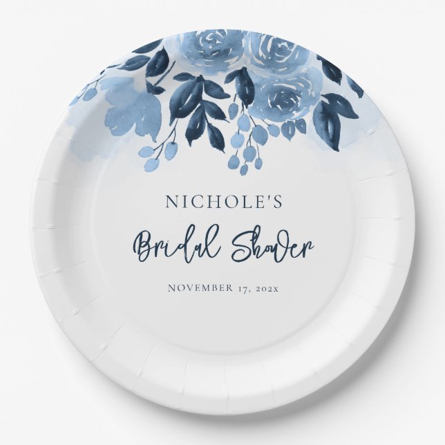 Assiettes En Carton Fête de mariage Florale Aquarelle Bleu Poussiéreux (Devant)