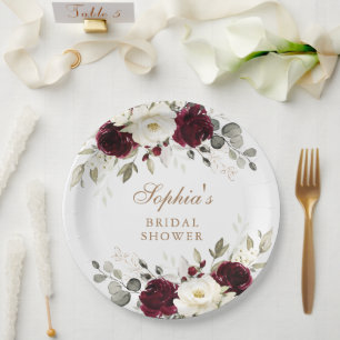 Assiettes En Carton Fête de mariage Florale Bourgogne Blanc Verdure Or