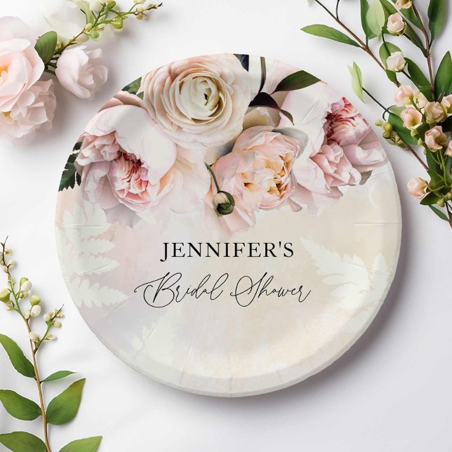 Assiettes En Carton Fête de mariage Florale Rose (Pink Blush Bridal Shower Paper Plates)
