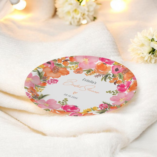 Assiettes En Carton Fête de mariage moderne avec fleurs roses et écrit (Modern Orange pink floral script bridal shower Paper Plates)