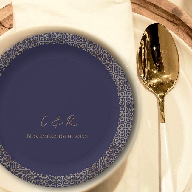 Assiettes En Carton Fête de mariage Monogram Marine Gold Design (Monogram Navy Gold Design Wedding Reception Party Paper Plates)
