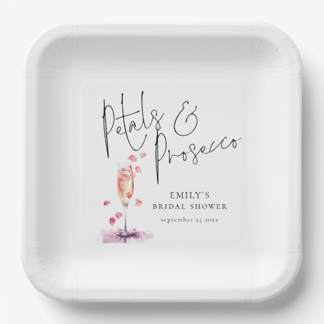 Assiettes En Carton Fête de Mariage Petits Fleurs et Prosecco Écriture (Recto)