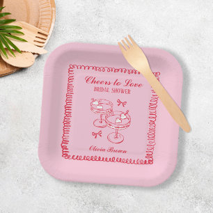 Assiettes En Carton Fête de Mariage Rétro Dessinée à la Main Rose et R