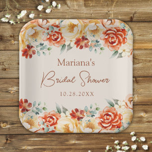 Assiettes En Carton Fête de mariage romantique beige rouille florale