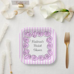 Assiettes En Carton Fête de mariage Roses Lilas Carré Rayure