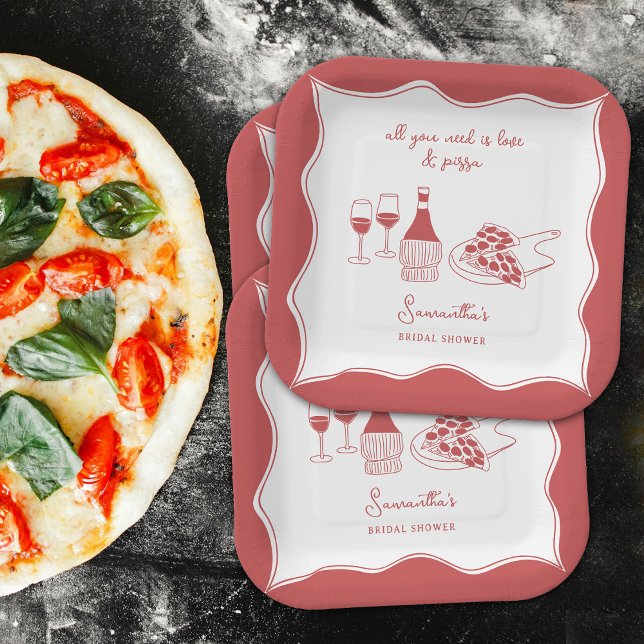 Assiettes En Carton Fête de Mariage Thème Pizza Vin Rouge Dessinée à l (Red Hand Drawn Italian Pizza Wine Bridal Shower Paper Plates)