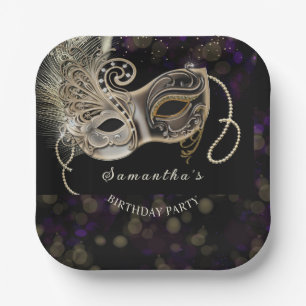 Assiettes En Carton Fête de Mascarade Violette Or Noir Personnalisée