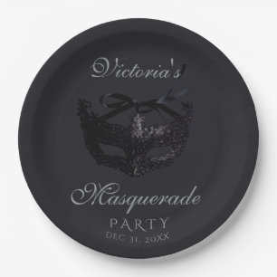 Assiettes En Carton Fête de masquerade moderne argent noir 