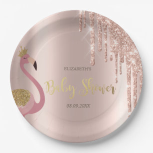 Assiettes En Carton Fête de Naissance Bébé Flamant Rose Glitter Rose G