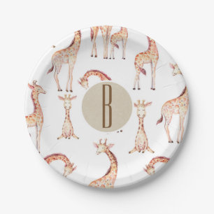 Assiettes En Carton Fête de Naissance de Bébé Tan Girafes Monogramme L
