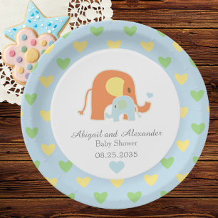 Assiettes En Carton Fête de naissance de Maman et bébé éléphant bleu