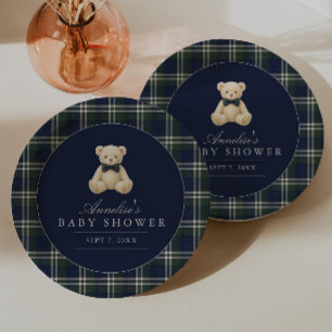 Assiettes En Carton Fête de naissance garçon ourson tartan polo chic