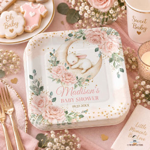 Assiettes En Carton Fête de naissance Lapin de Pâques Fleurs Roses Blu