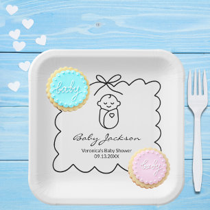 Assiettes En Carton Fête de Naissance Moderne Bébé Mignon et Nœud Papi
