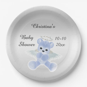 Assiettes En Carton Fête de naissance Ourson Ange Bleu Garçon