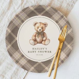 Assiettes En Carton Fête de naissance ourson en tartan marron vintage