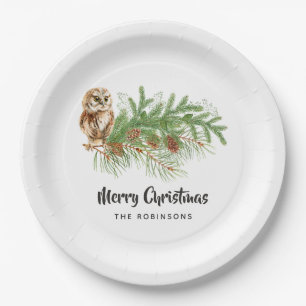 Assiettes En Carton Fête de Noël au thème du hibou à l'aquarelle