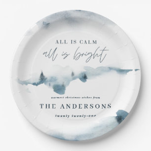 Assiettes En Carton Fête de noël bleu minimal de la forêt d'aquarelles