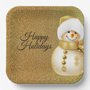 Assiettes En Carton Fête de Noël Bonhomme de Neige Doré Flocons de Nei