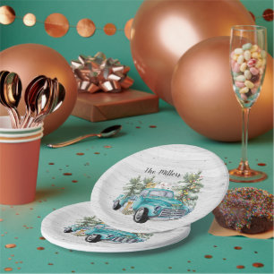 Assiettes En Carton Fête de Noël Camion de Ferme Bleu Rustique