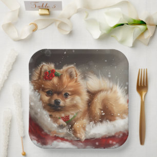 Assiettes En Carton Fête de Noël de Chien de Poméranie