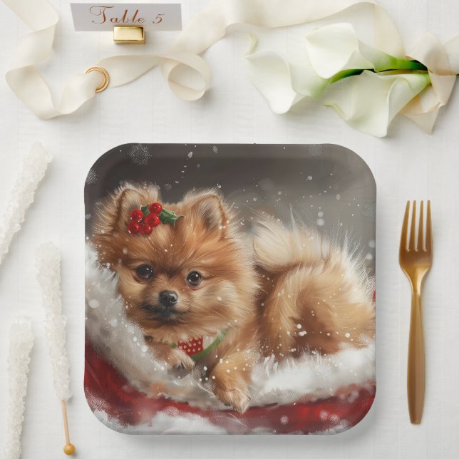 Assiettes En Carton Fête de Noël de Chien de Poméranie (Mariage)