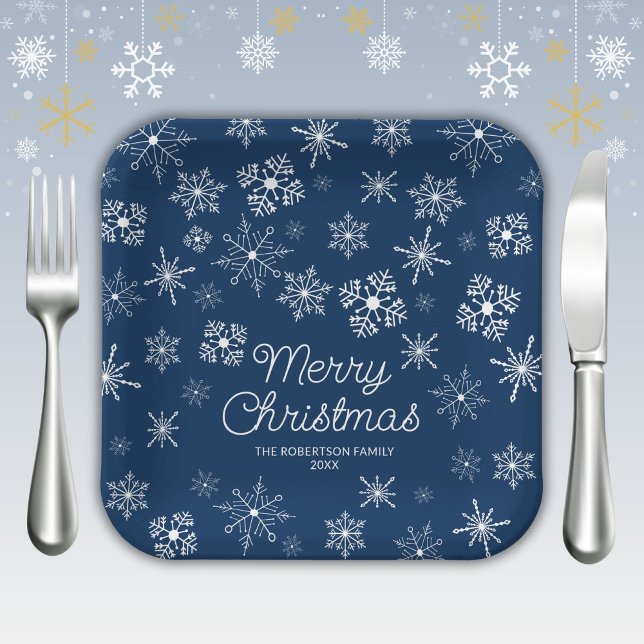 Assiettes En Carton Fête de Noël de la Marine Blue Snowflakes (Créateur téléchargé)